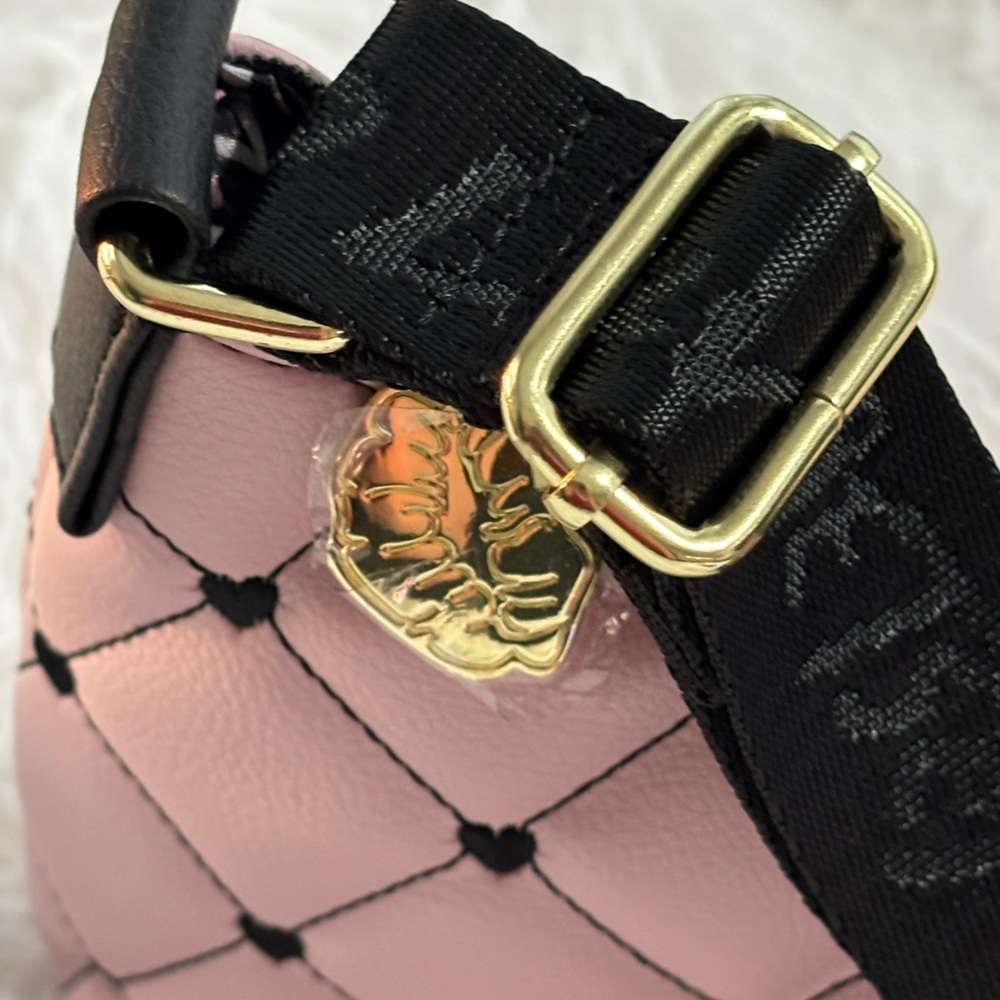 NWT Betsey Johnson Pink Quilted Black Heart Shoulder Bag Crossbody - Picture 13 of 14